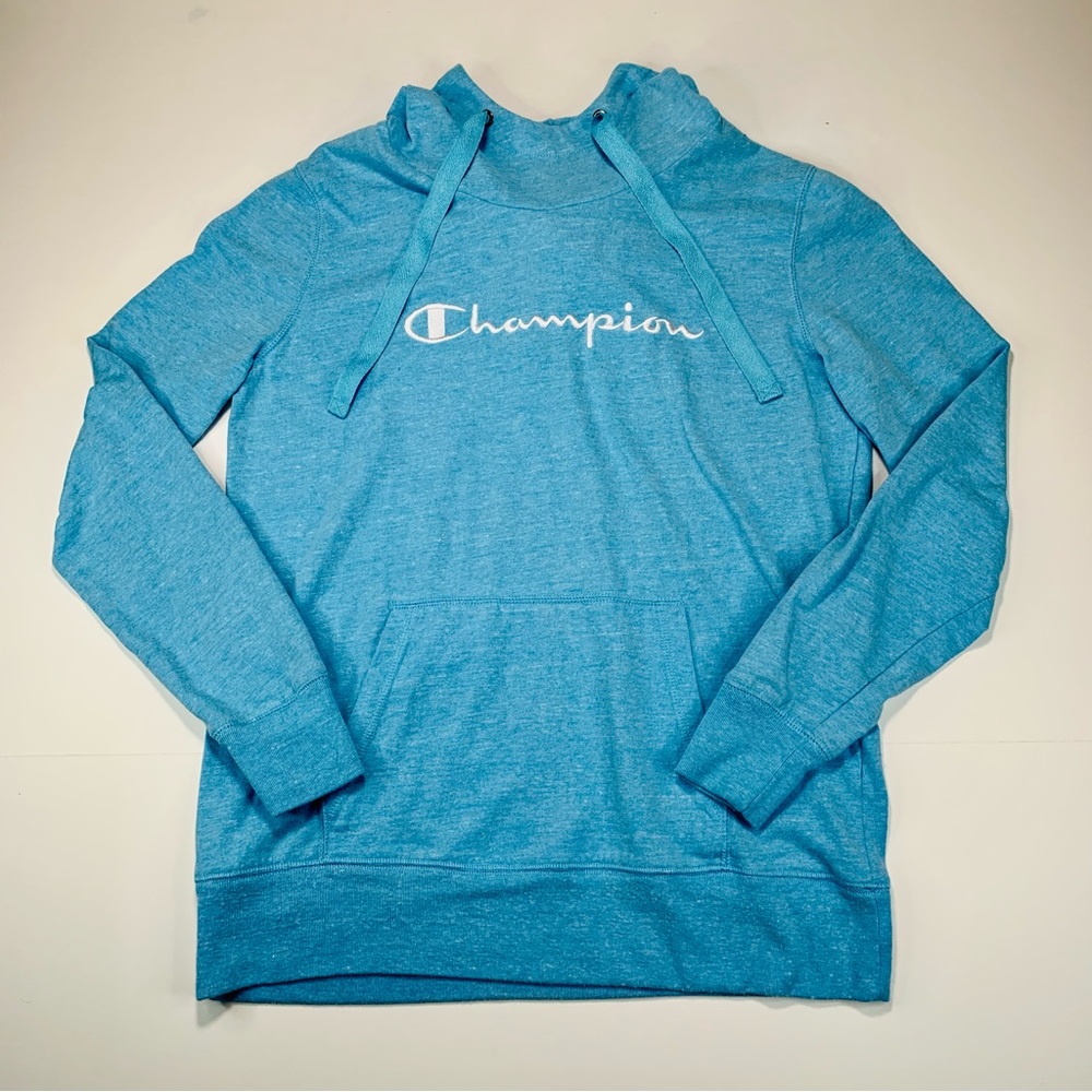 Champion Embroidered Logo Hoodie Women’s Size S Light Blue Pullover Sweatshirt